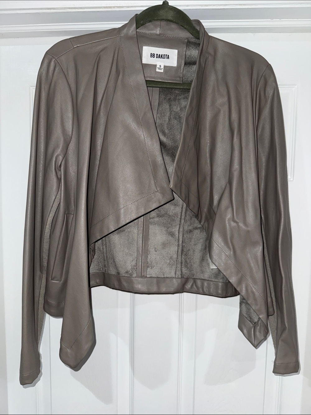 BB Dakota Taupe Draped Vegan Leather Open Front Jacket